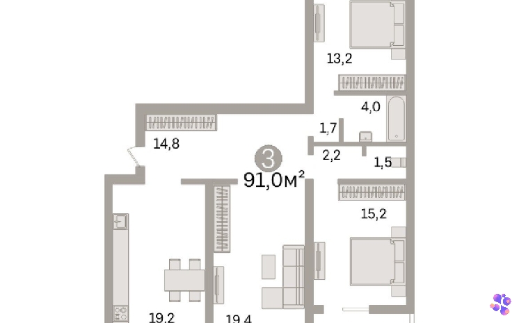 Трехкомнатная квартира площадью 91,0 кв.м.